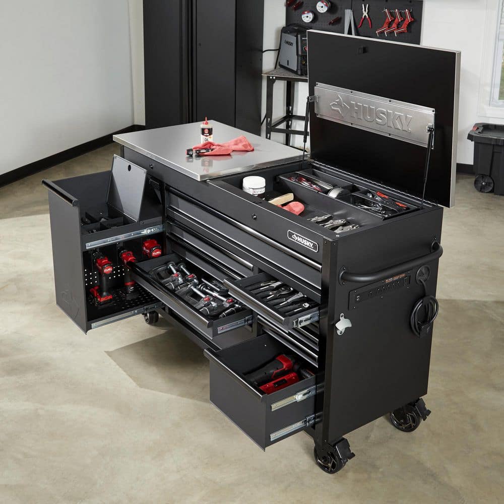 63 in. W x 23 in. D Heavy Duty 11 Drawer Mobile Workbench Cabinet with Flip Top Stainless Steel Top in. Matte Black