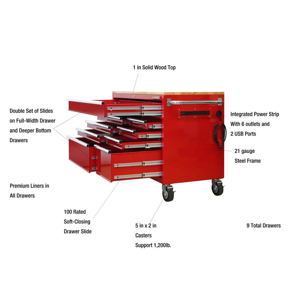 52 in. W x 24 5 in. D 9 Drawer Standard Duty Mobile Workbench Tool Chest with Solid Work Top and Pegboard in. Gloss Red