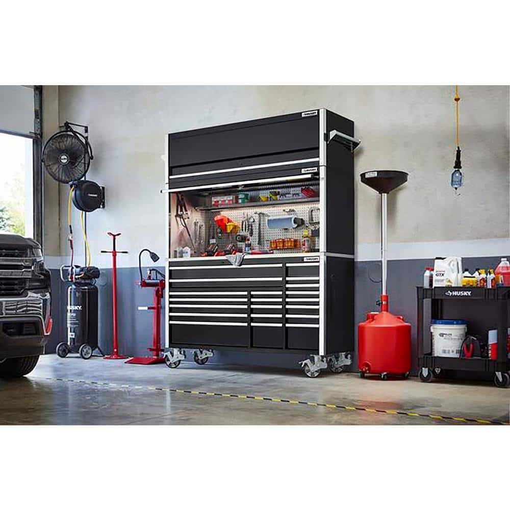 72 in. W x 24 5 in. D Professional Duty 20 Drawer Mobile Workbench Combo w Side Locker and Top Hutch in. Gloss Black
