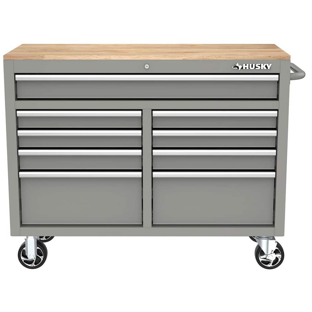 46 in. W x 18 in. D 9 Drawer Gloss Gray Mobile Workbench Cabinet with Solid Wood Top