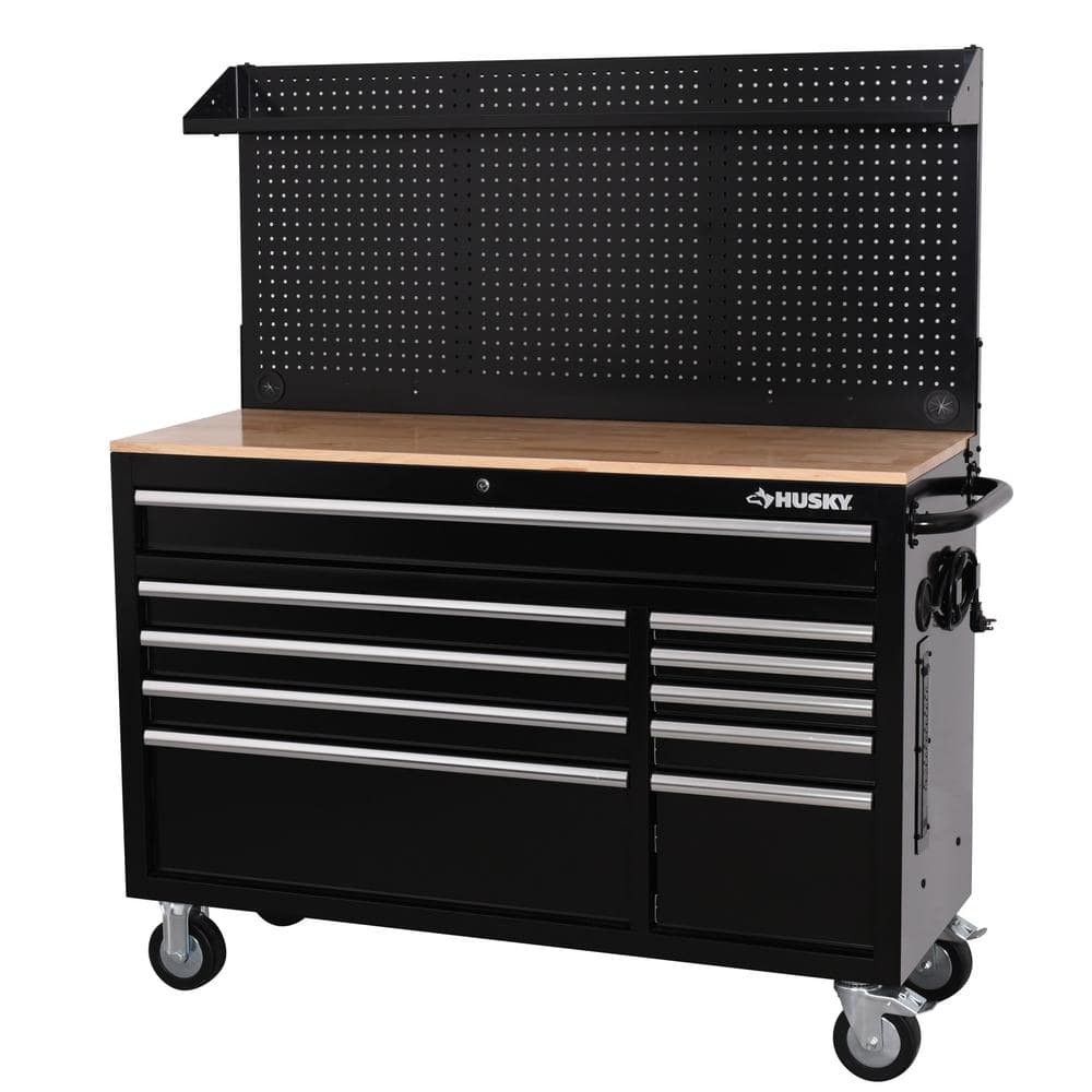 Modular 52 in. W 10 Drawer Black Mobile Workbench Cabinet with Pegboard