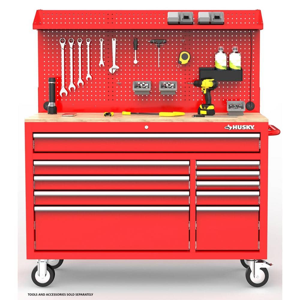 Modular 52 in. W 10 Drawer Red Mobile Workbench Cabinet with Pegboard