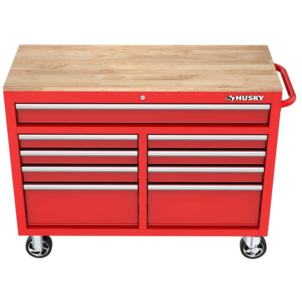 46 in. W x 18 in. D 9 Drawer Gloss Red Mobile Workbench Cabinet with Solid Wood Top
