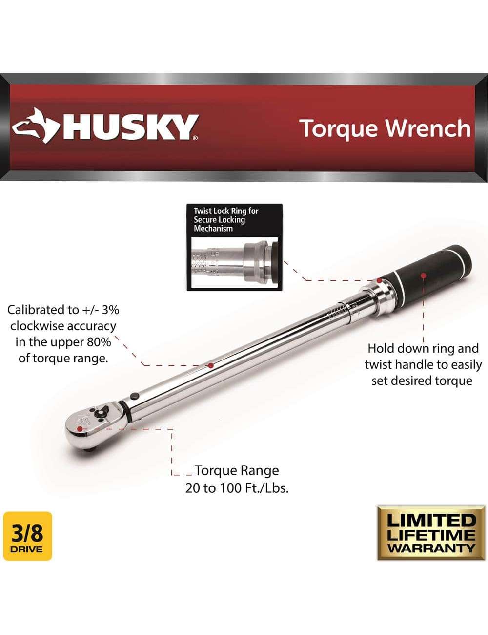 20 ft./lbs. to 100 ft./lbs. 3/8 in. Drive Torque Wrench