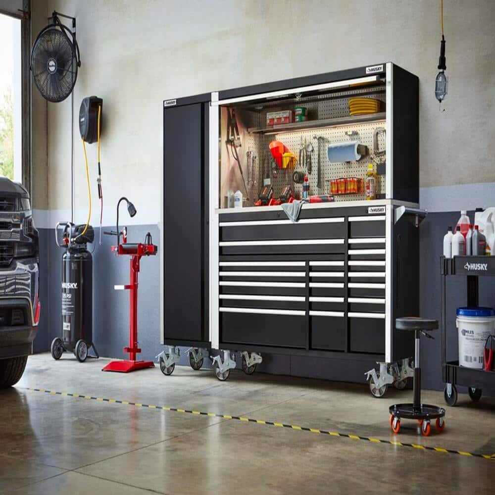 72 in. W x 24 5 in. D Professional Duty 20 Drawer Mobile Workbench Combo w Side Locker and Top Hutch in. Gloss Black