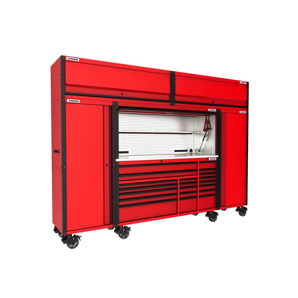 72 in. W x 24 5 in. D Professional Duty 20 Drawer Mobile Workbench Combo w 2 Side Lockers 2 Top Lockers and Top Hutch
