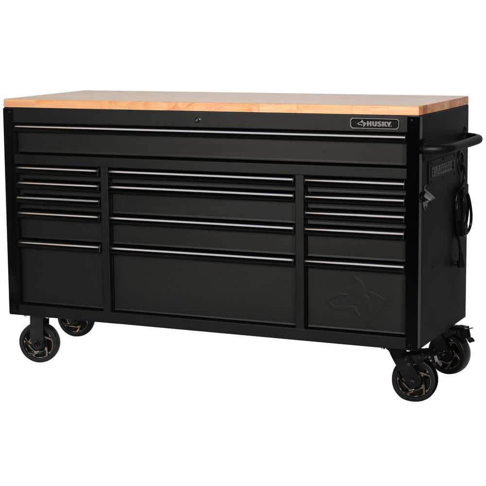 61 in. W x 23 in. D Heavy Duty 15 Drawer Mobile Workbench Tool Chest with Solid Wood Top in. Matte Black