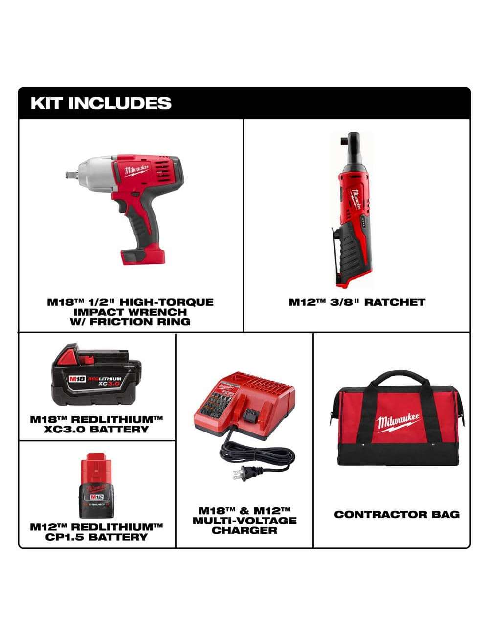 M18/M12 12V/18V 3/8 in. Ratchet and 1/2 in. Impact Wrench Cordless w/1/2 in. SAE Impact Sockets Combo Kit
