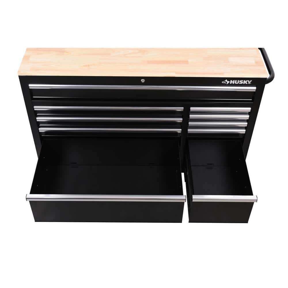 Modular 52 in. W 10 Drawer Black Mobile Workbench Cabinet with Solid Wood Top