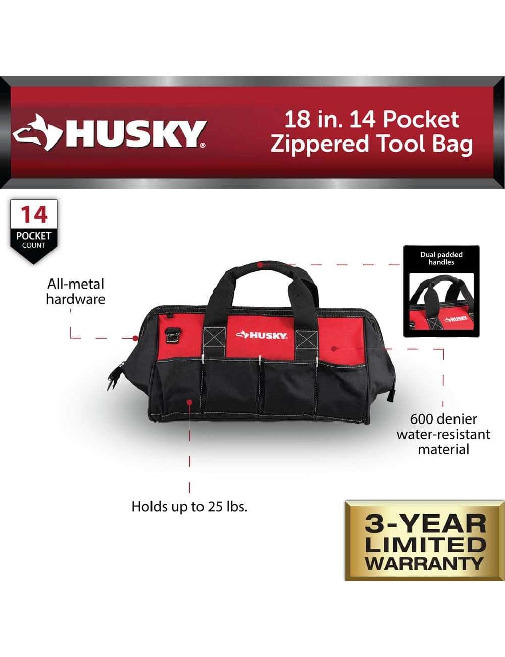18 in. 14 Pocket Zippered Tool Bag