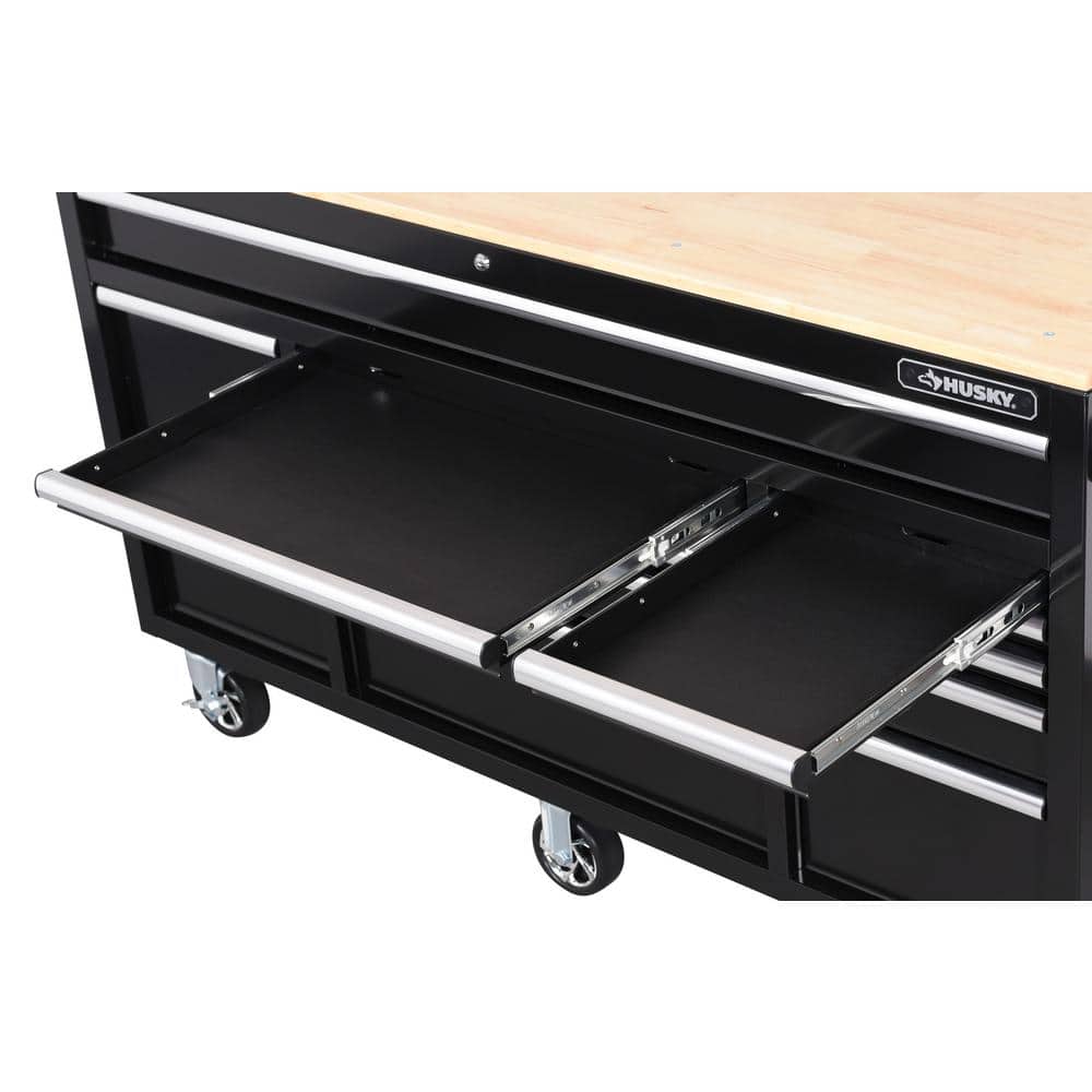 62 in. W x 20 in. D 12 Drawer Gloss Black Mobile Workbench Cabinet with Solid Wood Top and Power Drawer