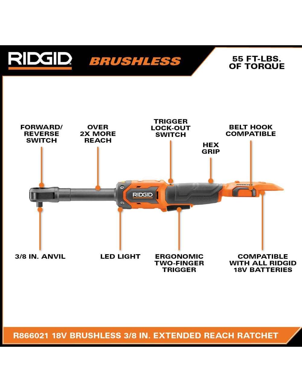 18V Brushless Cordless 3/8 in. Extended Reach Ratchet (Tool Only)