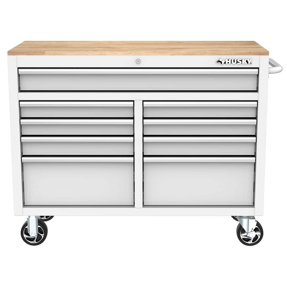 46 in. W x 18 in. D 9 Drawer Gloss White Mobile Workbench Cabinet with Solid Wood Top