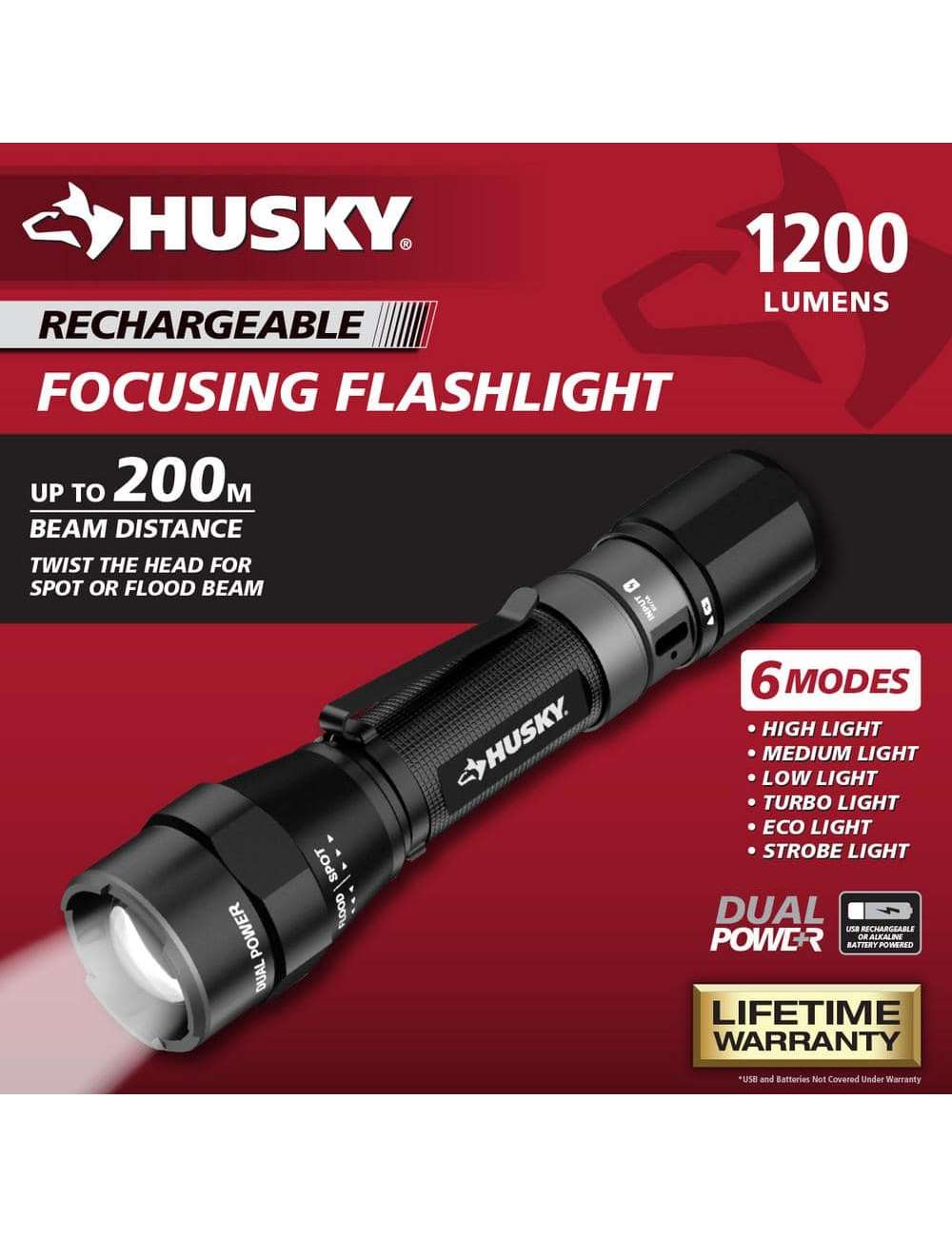 1200 Lumens Dual Power LED Rechargeable Focusing Flashlight with Rechargeable Battery and USB-C Cable Included