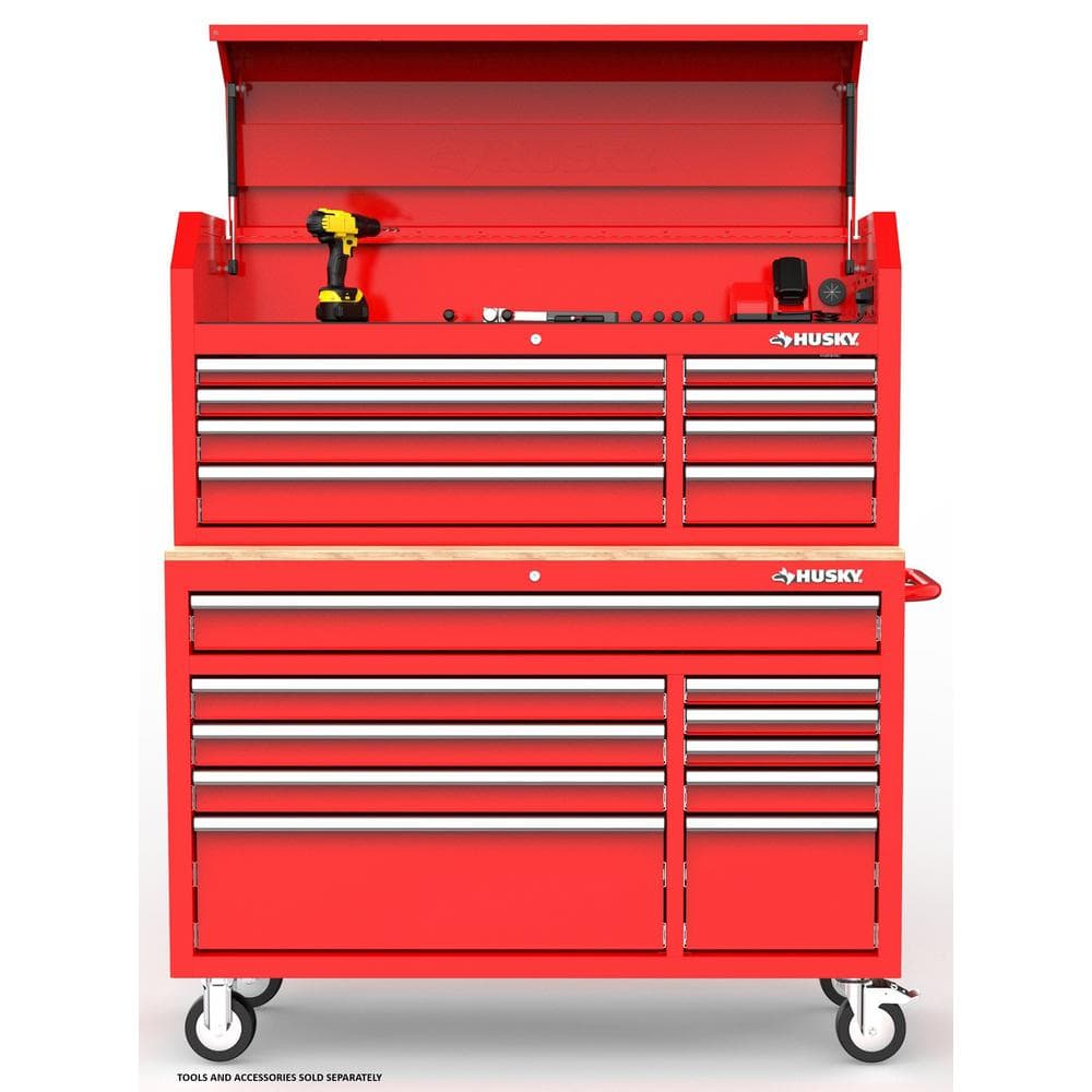 Modular 52 in. W 10 Drawer Red Mobile Workbench Cabinet with 52 in. 8 Drawer Top Tool Chest