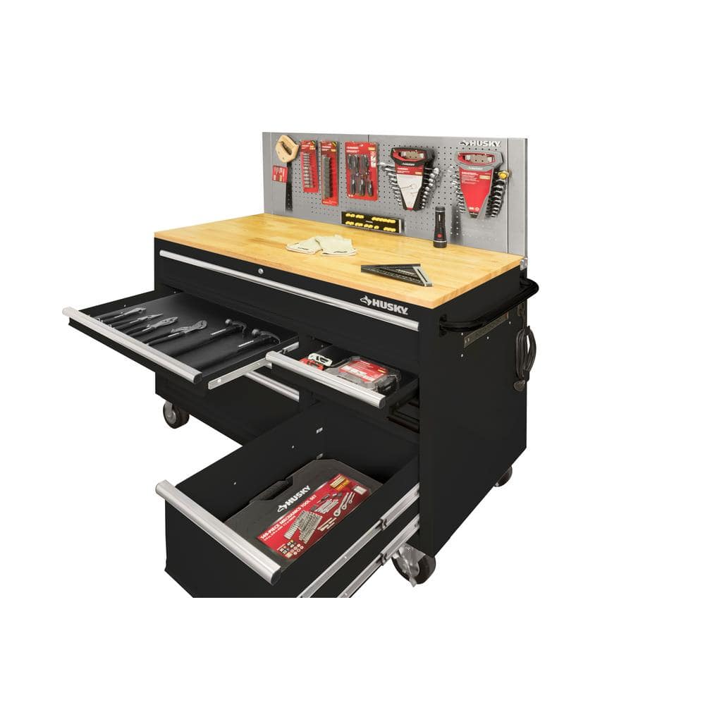 52 in. W x 24 5 in. D 9 Drawer Standard Duty Mobile Workbench Tool Chest with Solid Work Top and Pegboard in. Gloss Black