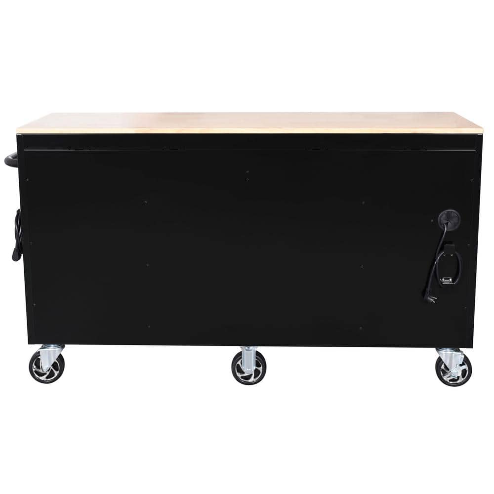 62 in. W x 20 in. D 12 Drawer Gloss Black Mobile Workbench Cabinet with Solid Wood Top and Power Drawer