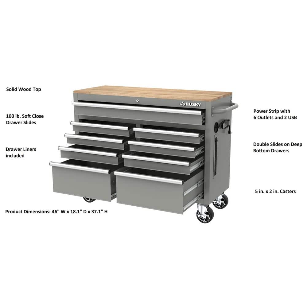 46 in. W x 18 in. D 9 Drawer Gloss Gray Mobile Workbench Cabinet with Solid Wood Top