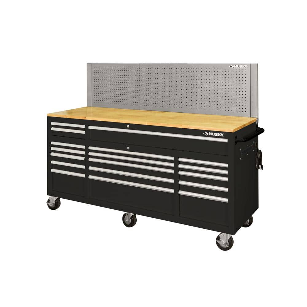 72 in. W x 24 in. D 18 Drawer Standard Duty Mobile Workbench Tool Chest with Solid Wood Top and Pegboard in. Gloss White