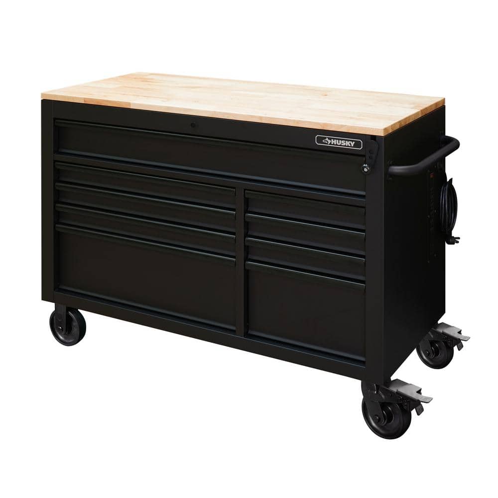 52 in. W x 25 in. D Heavy Duty 9 Drawer Mobile Workbench Cabinet with Adjustable Height Hardwood Top in. Matte Black