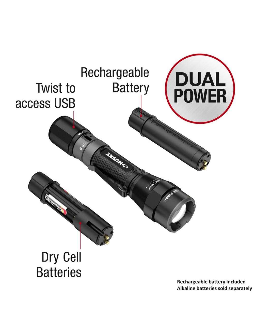 1200 Lumens Dual Power LED Rechargeable Focusing Flashlight with Rechargeable Battery and USB-C Cable Included