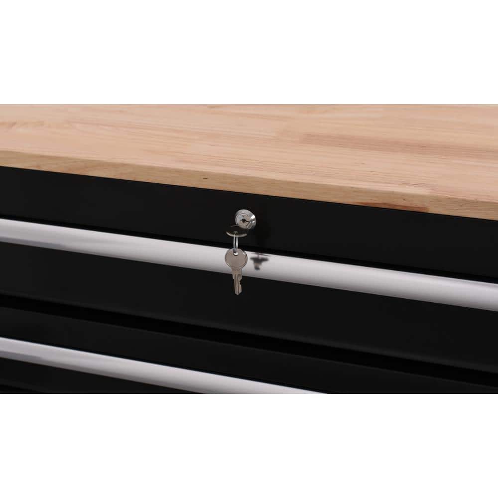 Modular 52 in. W 10 Drawer Black Mobile Workbench Cabinet with Solid Wood Top