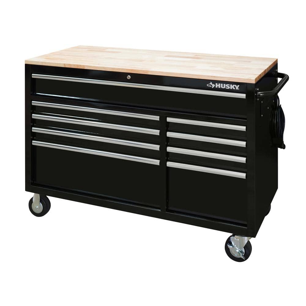 52 in. W x 24 5 in. D 9 Drawer Standard Duty Mobile Workbench Tool Chest with Solid Wood Top and Pegboard in. Gloss Gray