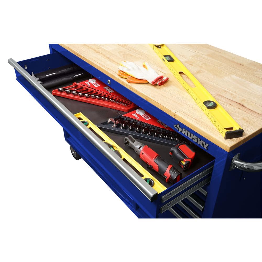 52 in. W x 24 5 in. D 9 Drawer Standard Duty Mobile Workbench with Solid Work Top and Pegboard in. Gloss Blue