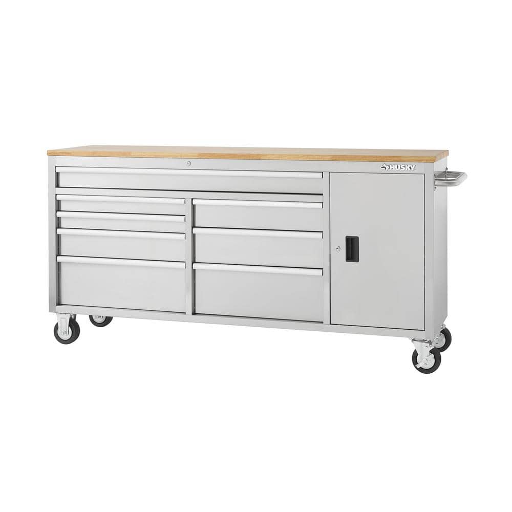72 in. W x 18 in. D Heavy Duty 8 Drawer 1 Door Mobile Workbench Tool Chest with Solid Wood Top in. Stainless Steel