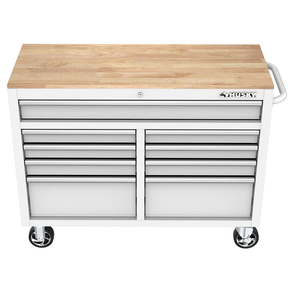 46 in. W x 18 in. D 9 Drawer Gloss White Mobile Workbench Cabinet with Solid Wood Top