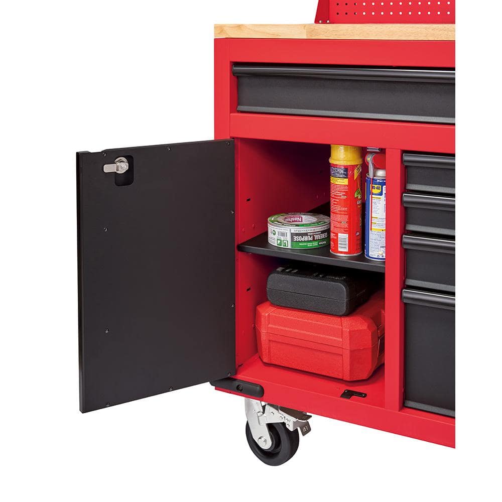 61 in. 11 Drawer 1 Door 22 in. D Mobile Workbench with Sliding Pegboard Back Wall in. Red Black