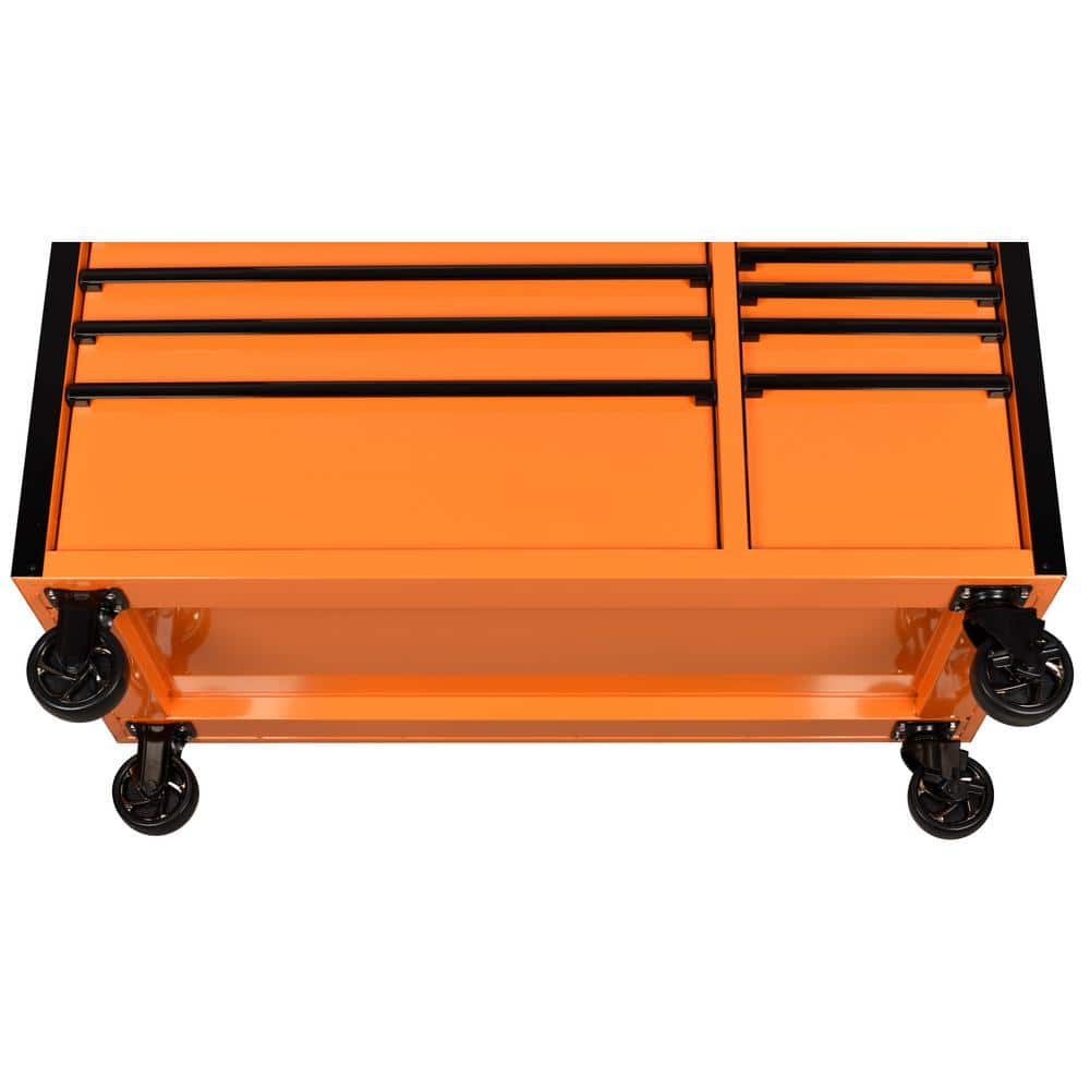 52 in. W x 24 5 in. D Standard Duty 10 Drawer Mobile Workbench Tool Chest with Solid Wood Work Top in. Gloss Orange