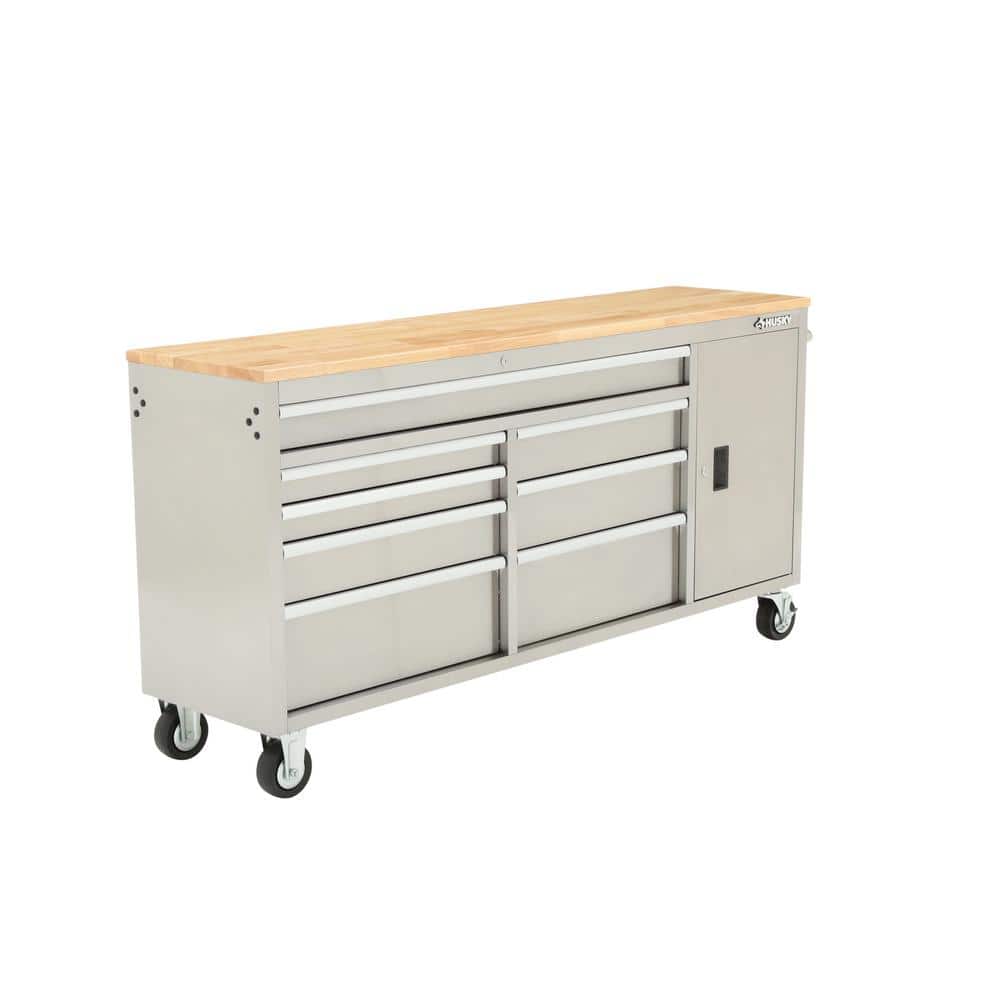 72 in. W x 18 in. D Heavy Duty 8 Drawer 1 Door Mobile Workbench Tool Chest with Solid Wood Top in. Stainless Steel