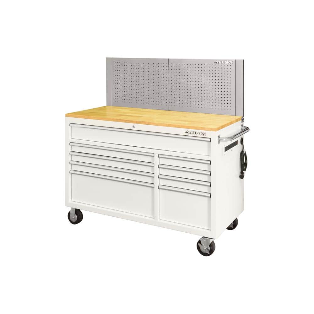 52 in. W x 24 5 in. D 9 Drawer Standard Duty Mobile Workbench Tool Chest with Solid Work Top and Pegboard in. Gloss White