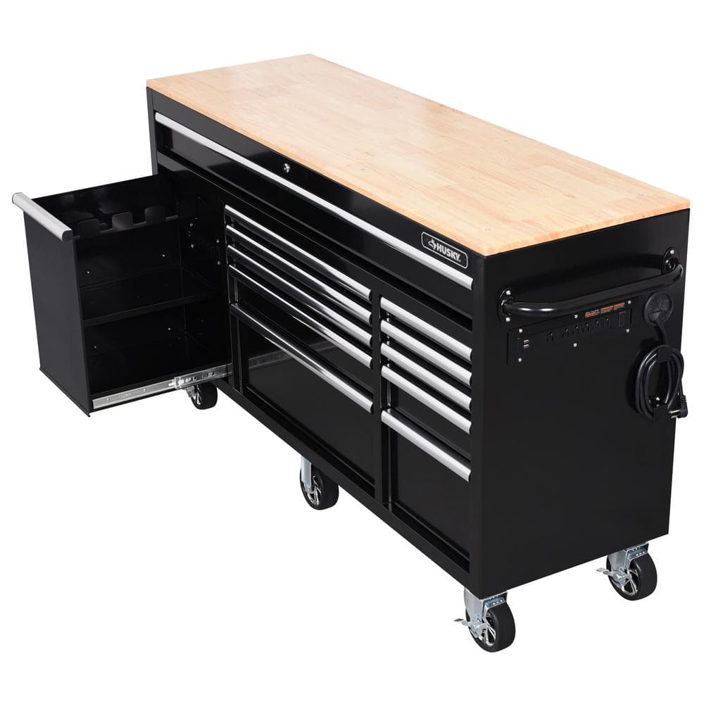 62 in. W x 20 in. D 12 Drawer Gloss Black Mobile Workbench Cabinet with Solid Wood Top and Power Drawer