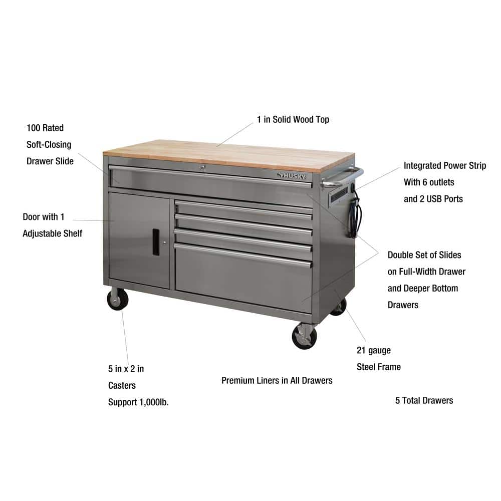 52 in. W x 25 in. D Standard Duty 5 Drawer 1 Door Mobile Workbench Tool Chest with Solid Wood Top in. Stainless Steel