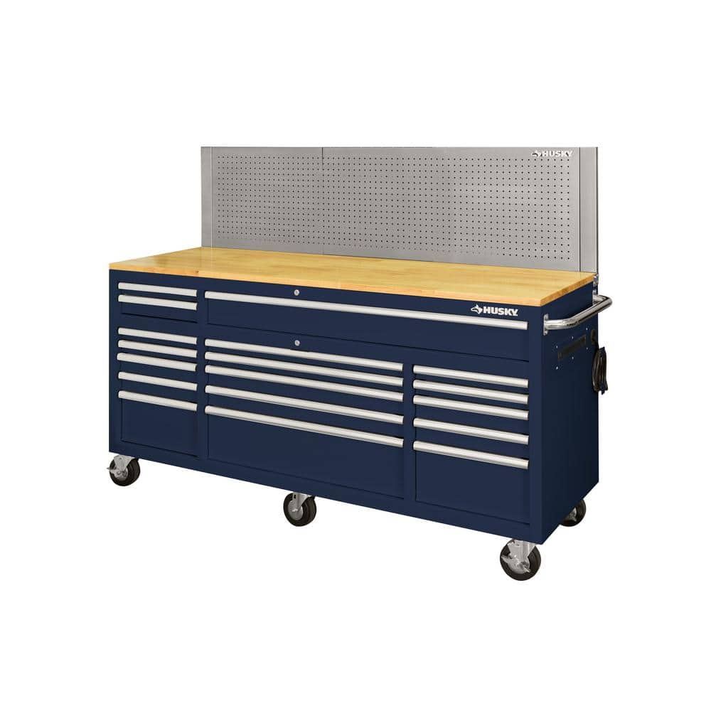 62 in. W x 24 in. D Standard Duty 14 Drawer Mobile Workbench Tool Chest with Solid Top and Pegboard in. Stainless Steel