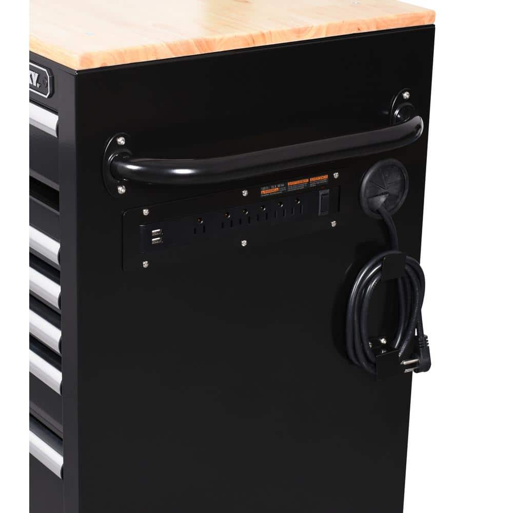 62 in. W x 20 in. D 12 Drawer Gloss Black Mobile Workbench Cabinet with Solid Wood Top and Power Drawer