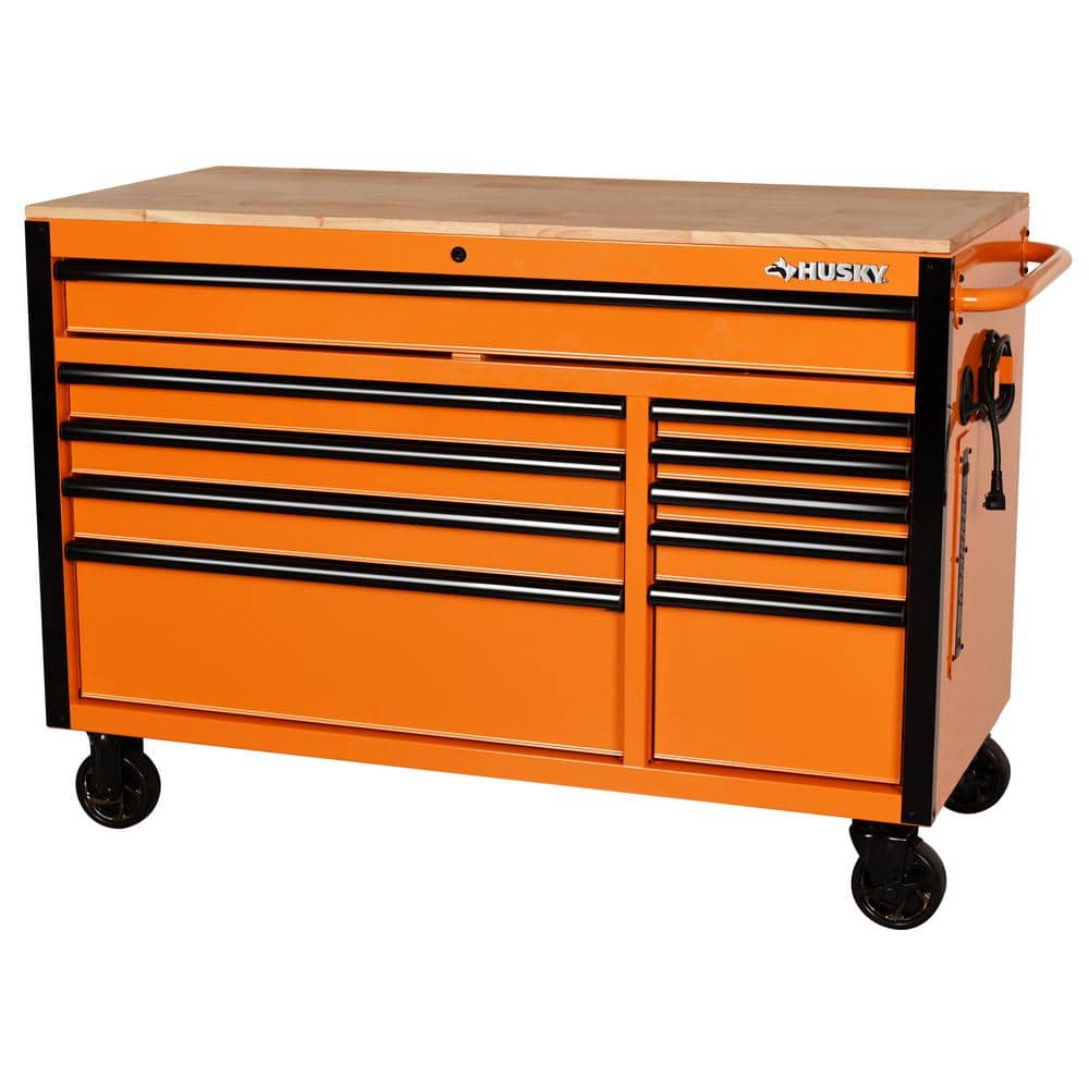 52 in. W x 24 5 in. D Standard Duty 10 Drawer Mobile Workbench Tool Chest with Solid Wood Work Top in. Gloss Orange