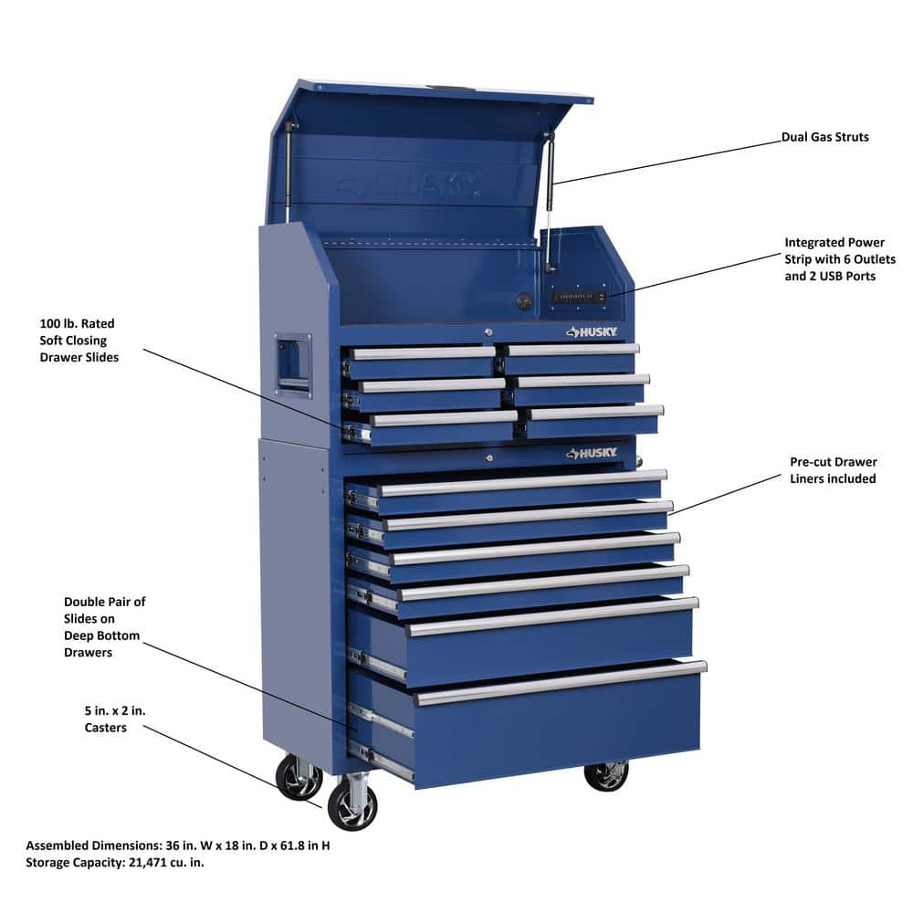 36 in. 12 Drawer Blue Tool Chest Combo