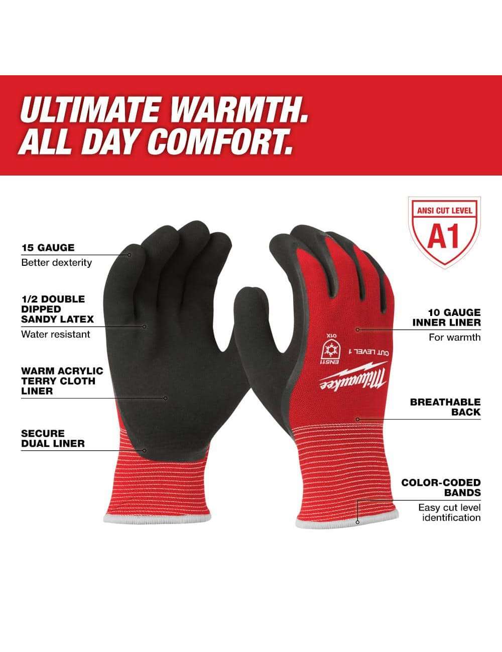 X-Large Red Latex Level 1 Cut Resistant Insulated Winter Dipped Work Gloves