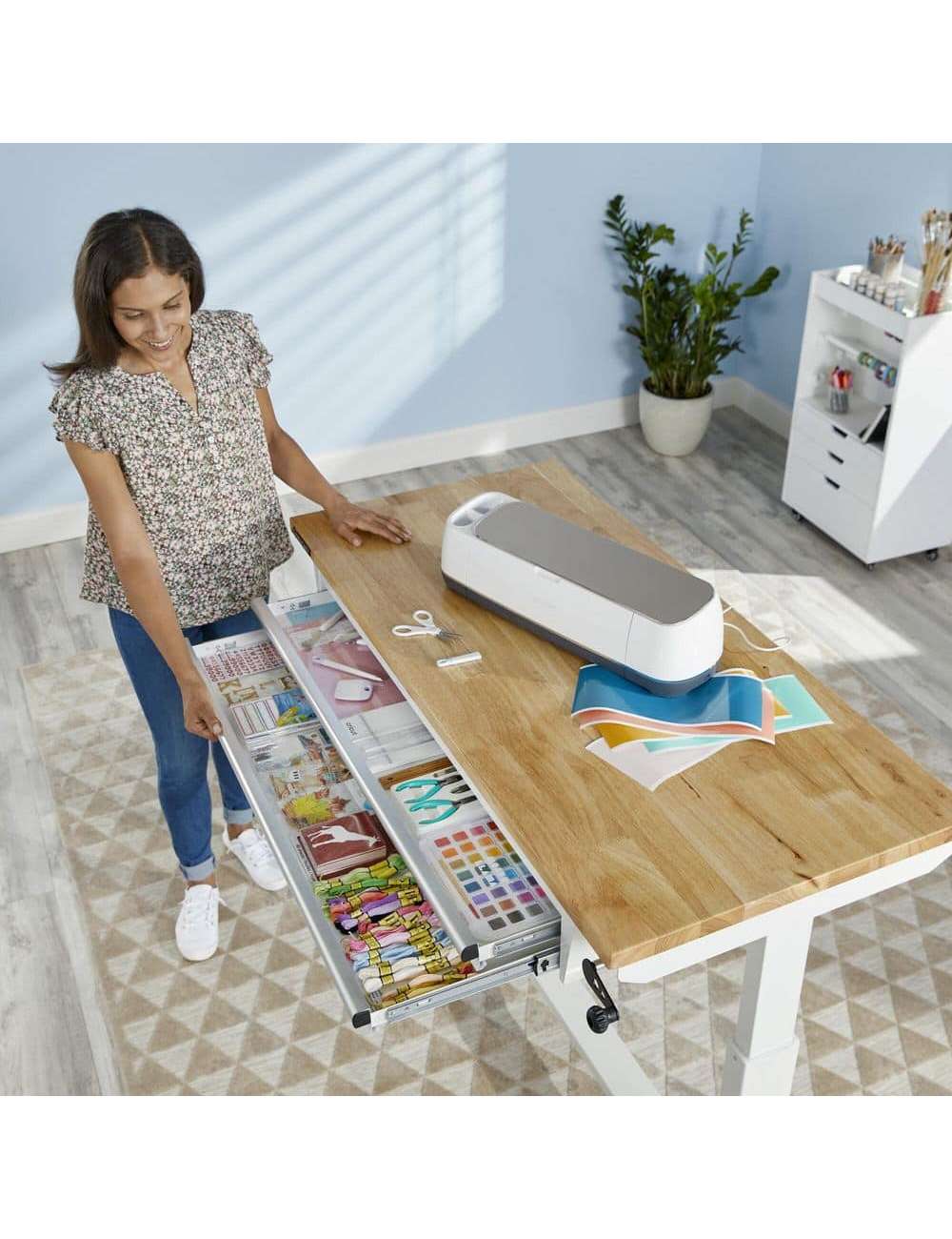 52 in. W x 24 in. D Steel 2-Drawer Adjustable Height Solid Wood Top Workbench Table in White