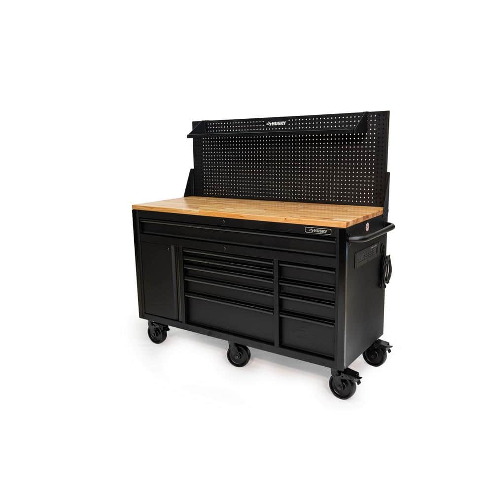 61 in. W x 26 in. D Heavy Duty 10 Drawer 1 Door Mobile Workbench with Hardwood Top Pegboard and Shelf in. Matte Black