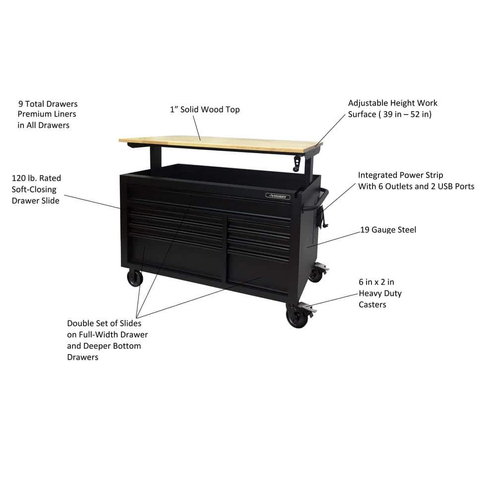 52 in. W x 25 in. D Heavy Duty 9 Drawer Mobile Workbench Cabinet with Adjustable Height Hardwood Top in. Matte Black