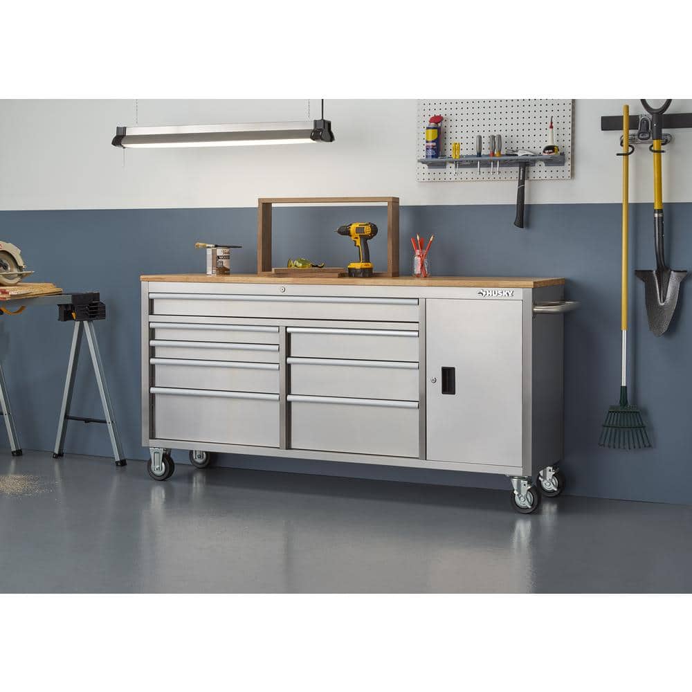 72 in. W x 18 in. D Heavy Duty 8 Drawer 1 Door Mobile Workbench Tool Chest with Solid Wood Top in. Stainless Steel