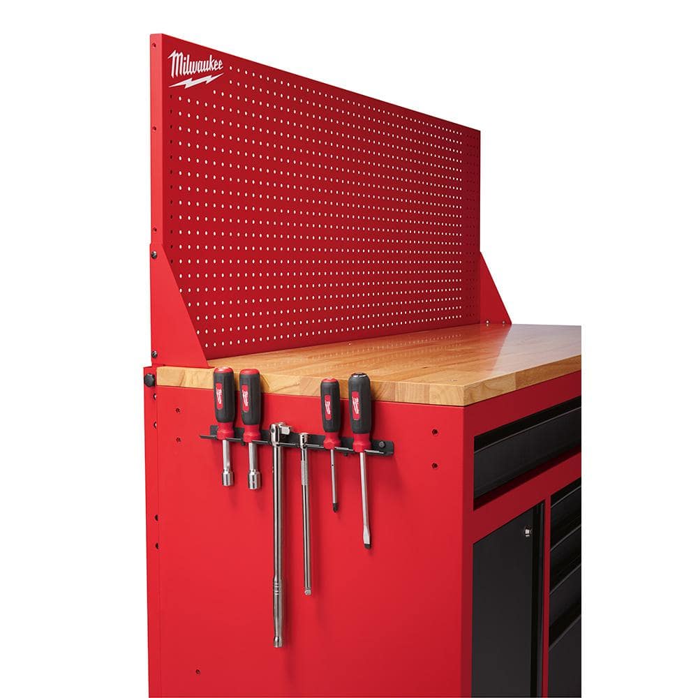 61 in. 11 Drawer 1 Door 22 in. D Mobile Workbench with Sliding Pegboard Back Wall in. Red Black