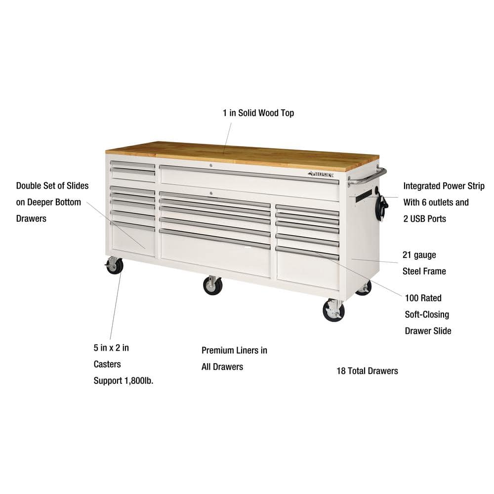 72 in. W x 24 in. D 18 Drawer Standard Duty Mobile Workbench Tool Chest with Solid Wood Top and Pegboard in. Gloss White