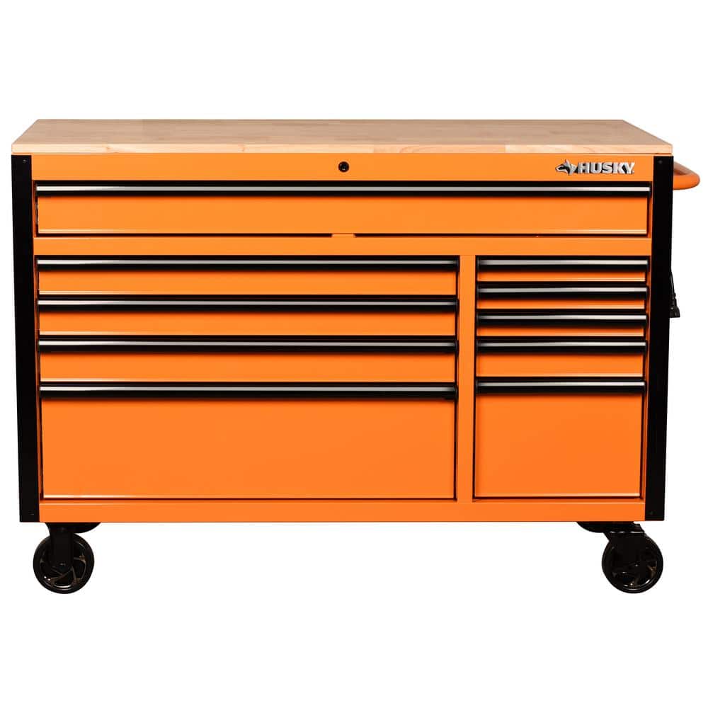 52 in. W x 24 5 in. D Standard Duty 10 Drawer Mobile Workbench Tool Chest with Solid Wood Work Top in. Gloss Orange