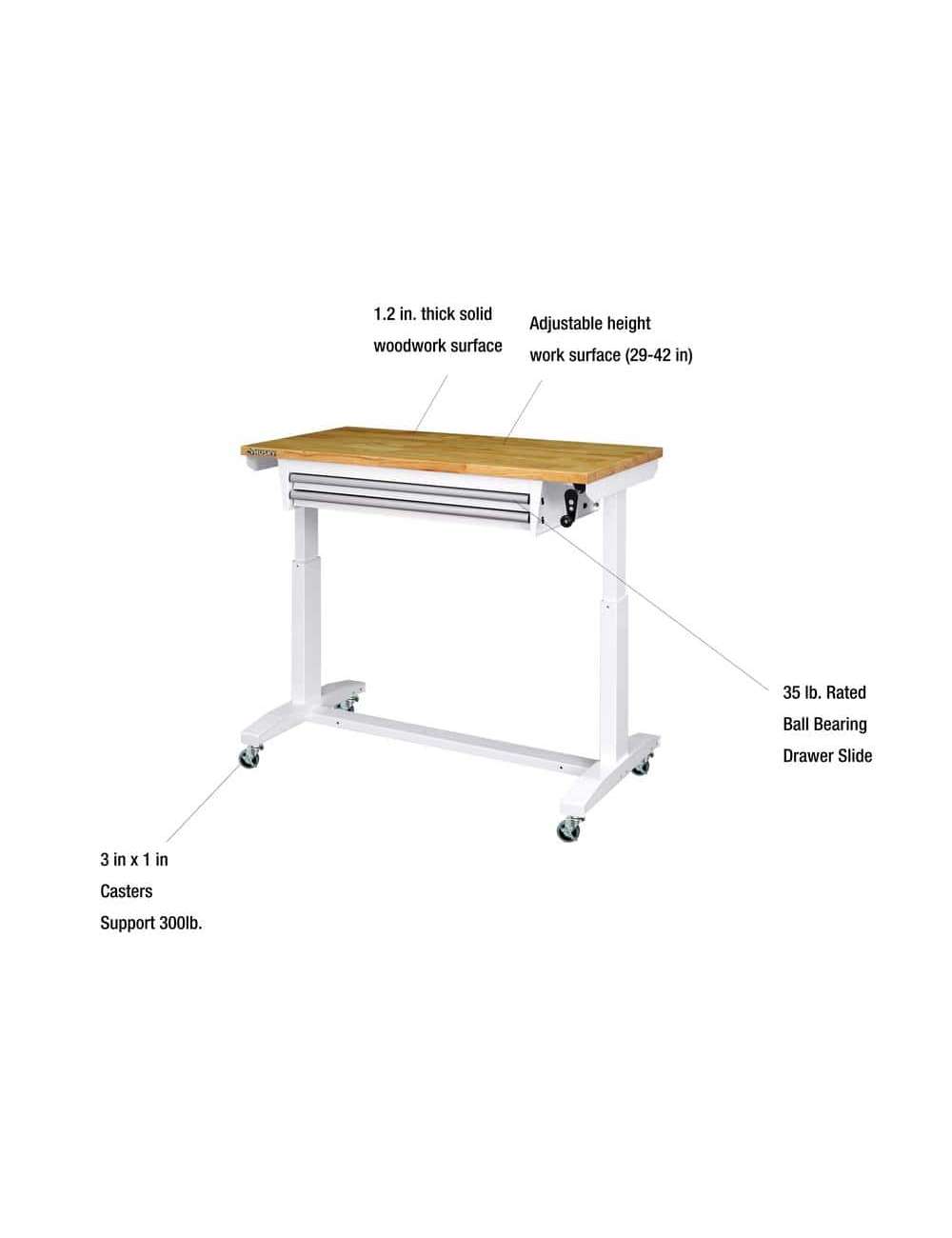 46 in. Adjustable Height Work Table with 2-Drawers in White