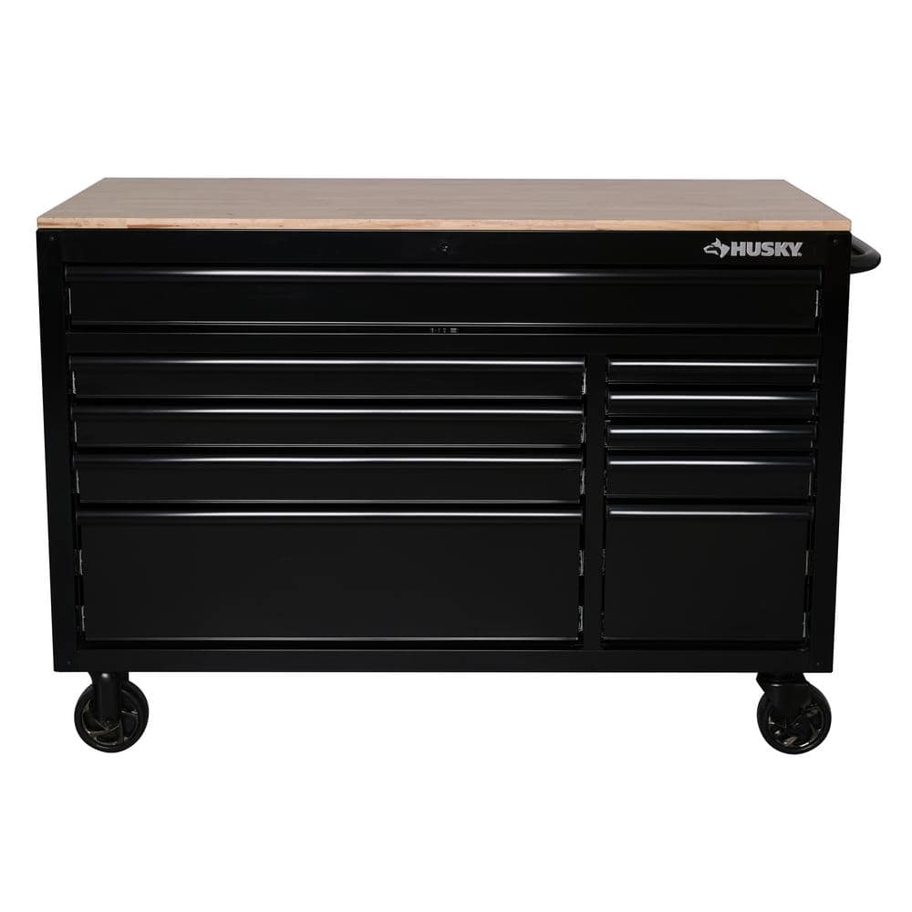 52 in. W x 24 5 in. D Standard 10 Drawer Mobile Workbench Tool Chest with Solid Wood Top in. Gloss Black